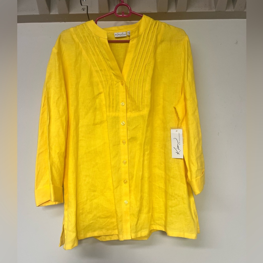 NWT 1X Kim Rodgers 100% linen button down yellow long sleeve blouse